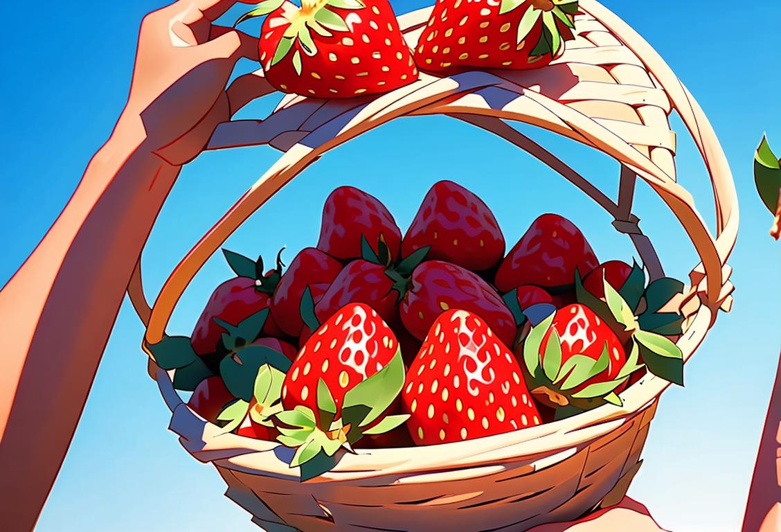 A joyful person holding a basket overflowing with ripe, red California strawberries, surrounded by a picturesque strawberry field under clear blue skies..