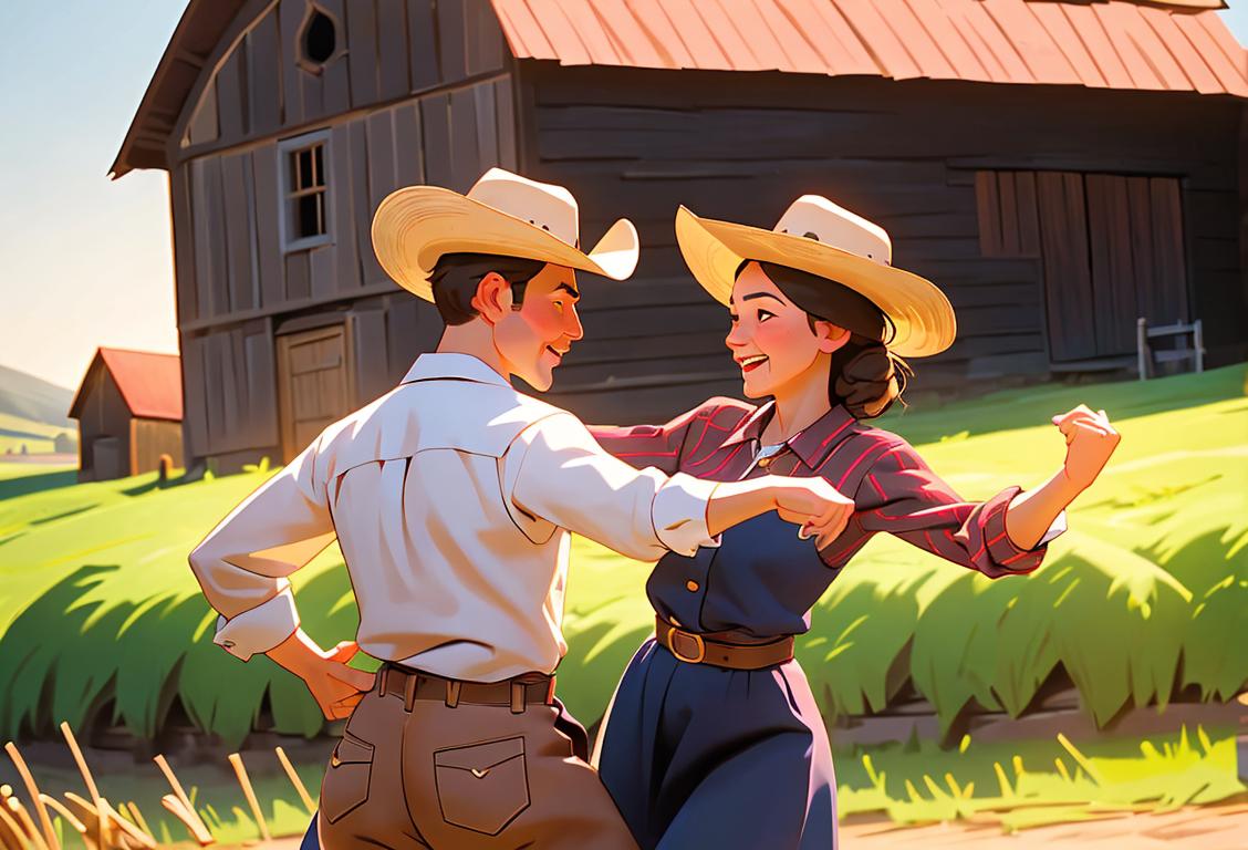 Two people dressed in traditional western attire, dancing in a vibrant country barn with straw bales and cowboy hats..