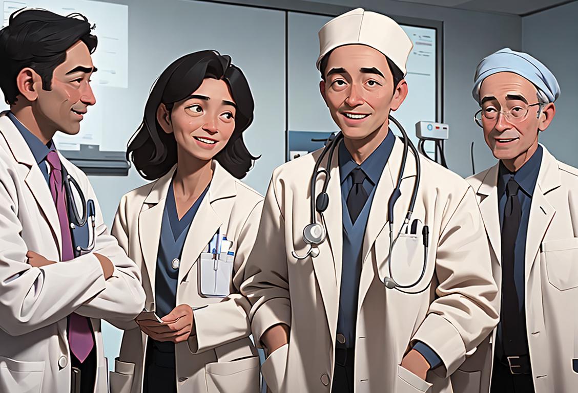 A group of smiling doctors in white coats, stethoscopes draped around their necks, discussing patient care with a diverse group of patients in a modern hospital setting..