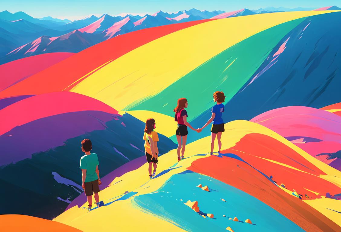 A diverse group of people holding hands, standing on top of a mountain, wearing colorful t-shirts, symbolizing unity and support during National Suicide Prevention Month..