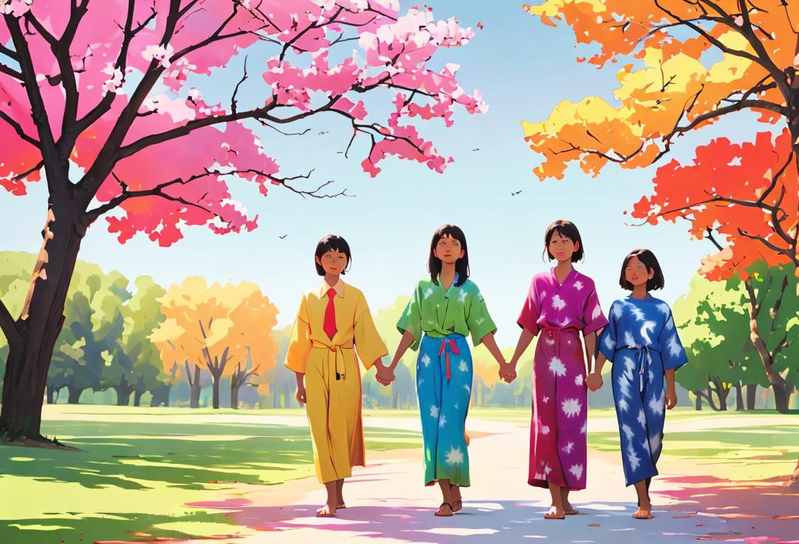 Peaceful scene of a multicultural group holding hands, wearing tie-dye clothes, surrounded by nature's serenity..