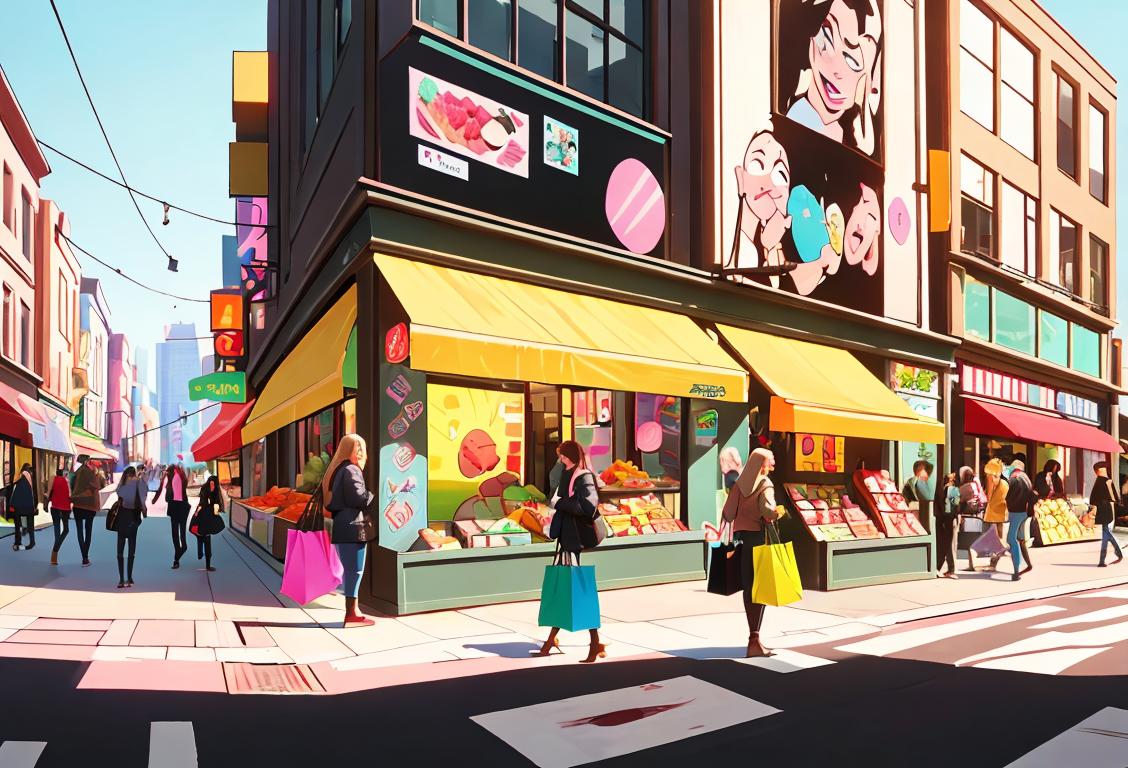 Happy shoppers holding colorful shopping bags, wearing trendy clothes, surrounded by busy city street filled with shops and billboards..