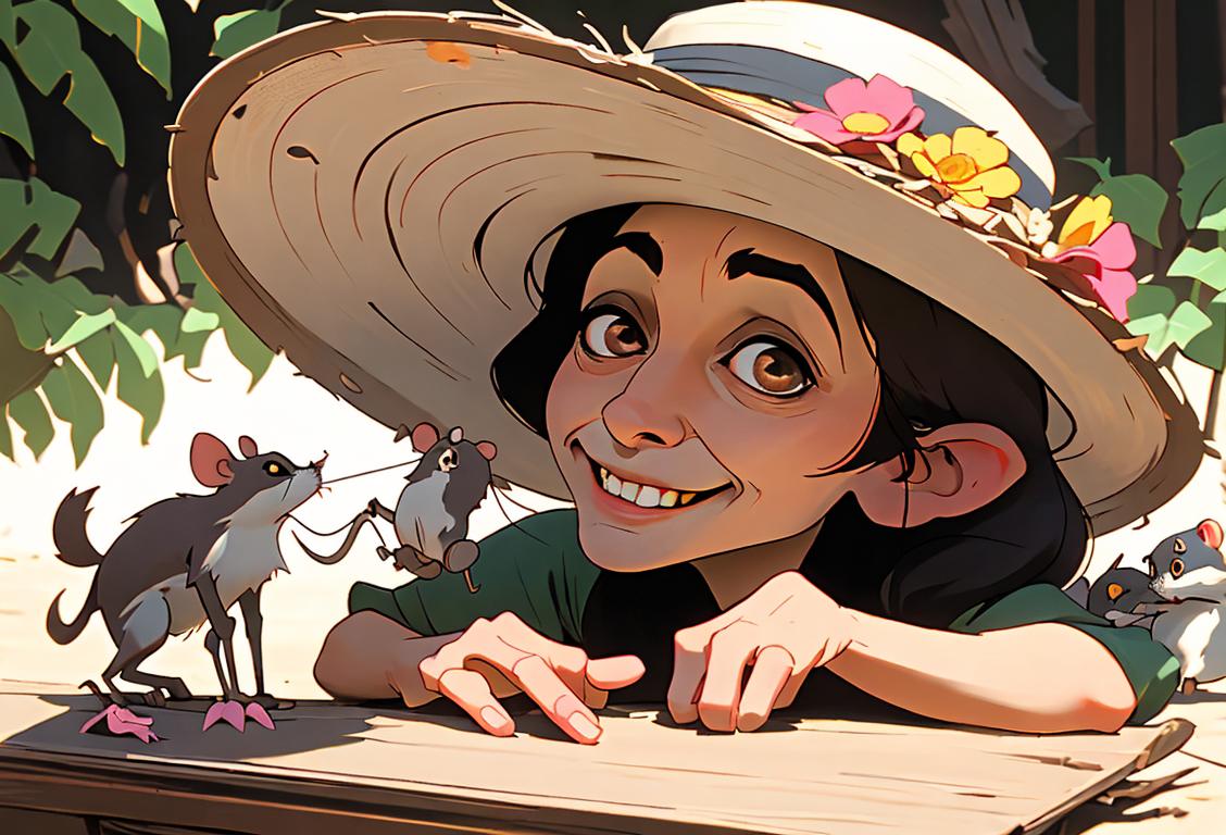 Happy National Pack Rat Day! An old collector rummaging through a vintage flea market, sporting a straw hat, bohemian fashion, retro market setting..