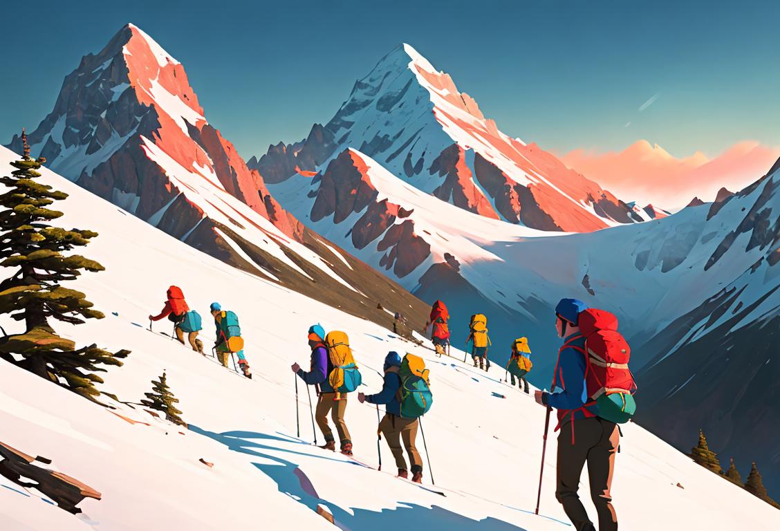 Group of hikers ascending a majestic mountain peak, with colorful backpacks and outdoor gear, surrounded by breathtaking nature scenery..