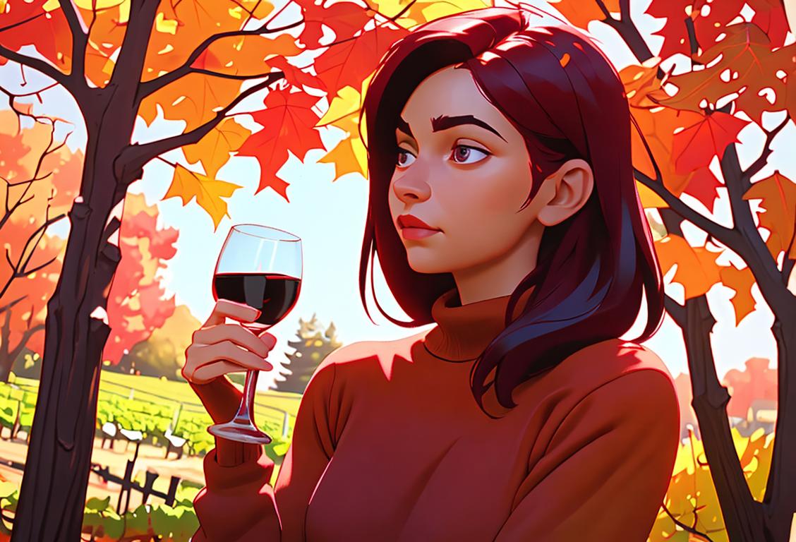 A person holding a glass of red wine, wearing a cozy sweater, surrounded by autumn leaves..