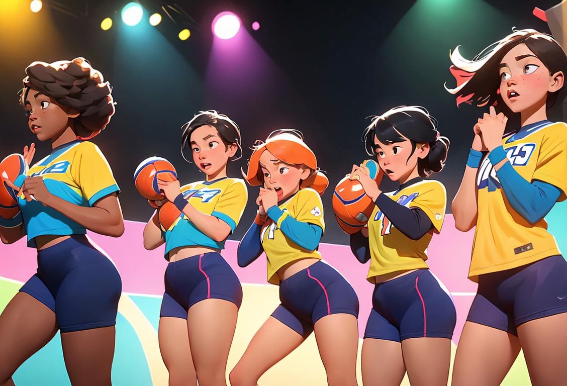 A group of young athletes wearing colorful team jerseys, practicing their sports skills on a national showcase stage, surrounded by cheering fans..