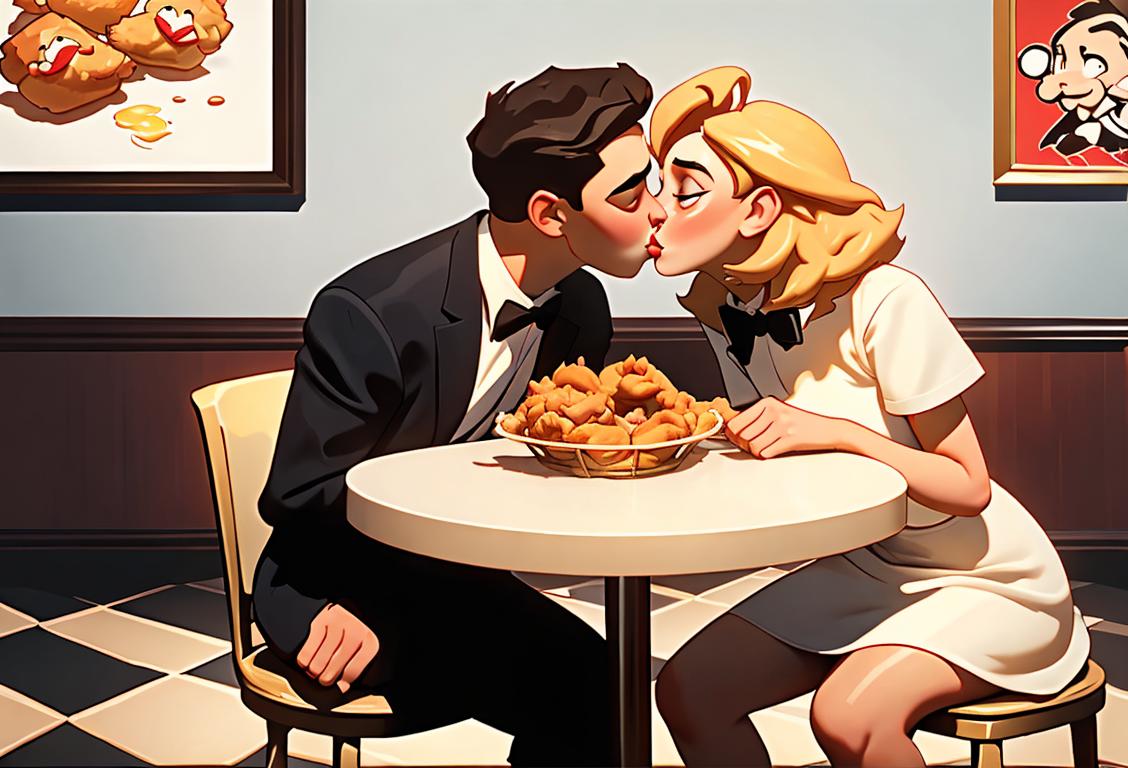 Young couple sharing a passionate kiss while holding a bucket of crispy, golden fried chicken, in a retro-style diner with jukebox and checkered floor..