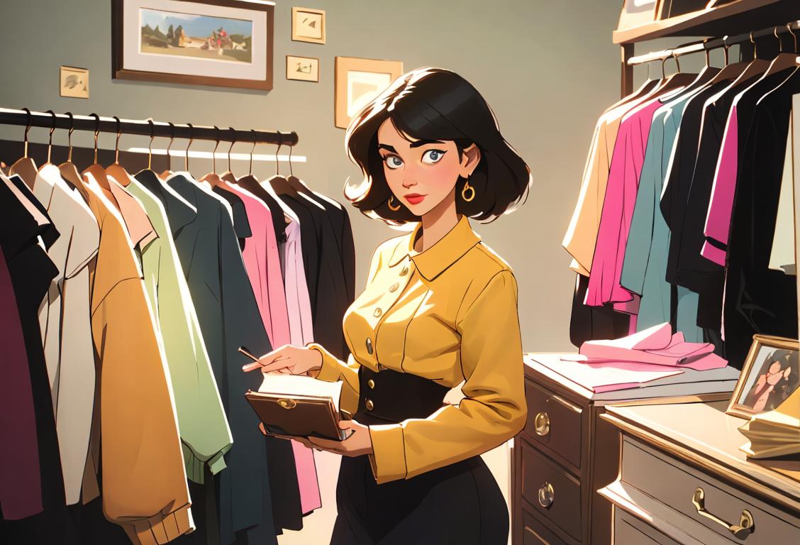 Young woman browsing through racks of stylish secondhand clothes, vintage fashion in a vibrant thrift store setting..