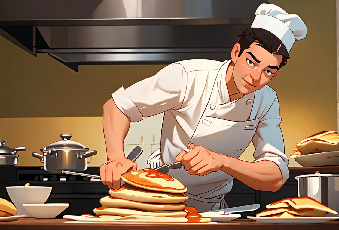 A cook effortlessly flipping pancakes on a Teflon-coated pan, adorned with a chef's hat, surrounded by a vibrant kitchen atmosphere..