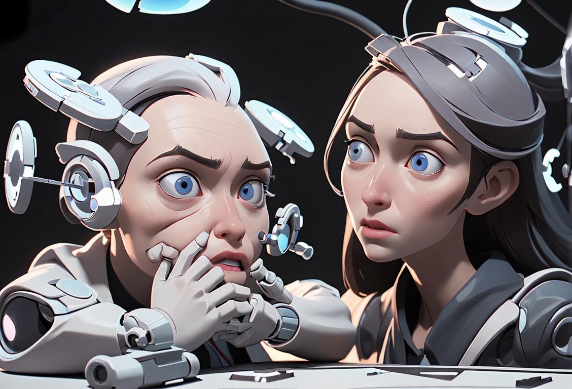 Young adult with a puzzled expression, wearing a lab coat, surrounded by brain-shaped props and a futuristic laboratory setting..