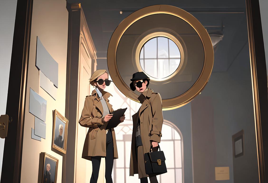 A person wearing sunglasses and a trench coat, holding a magnifying glass, standing next to a locked briefcase in a government building..