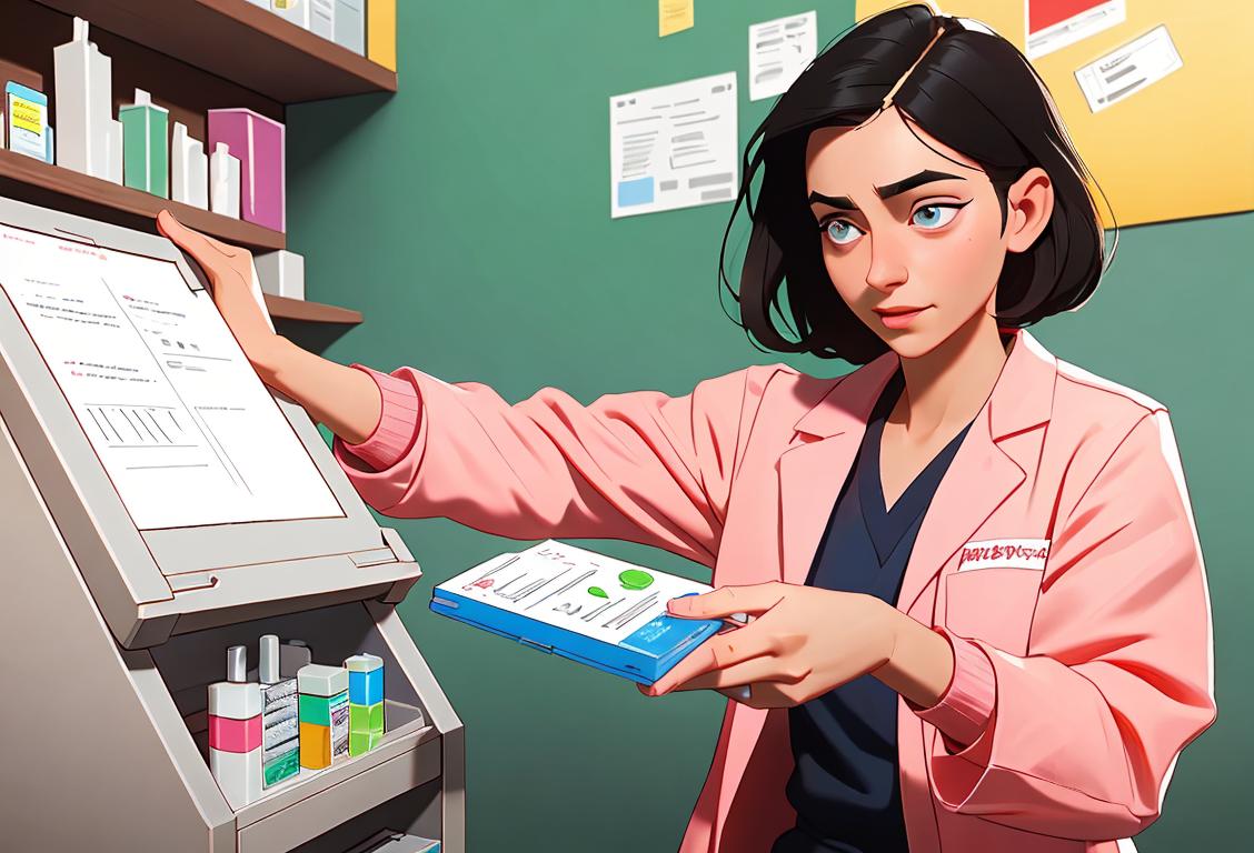 Young person handing over prescription drugs to a drop box, wearing a lab coat, pharmacy backdrop..