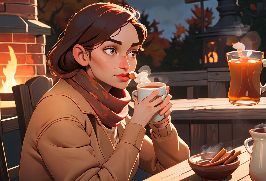 A warm, cozy scene with a person holding a steaming mug of hot mulled cider, wearing a scarf and surrounded by fall foliage..