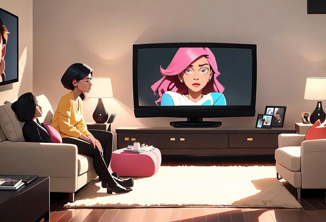 A diverse group of people gathered around a television, enthralled by the programming. The scene includes a mix of contemporary fashion styles and a cozy living room backdrop..