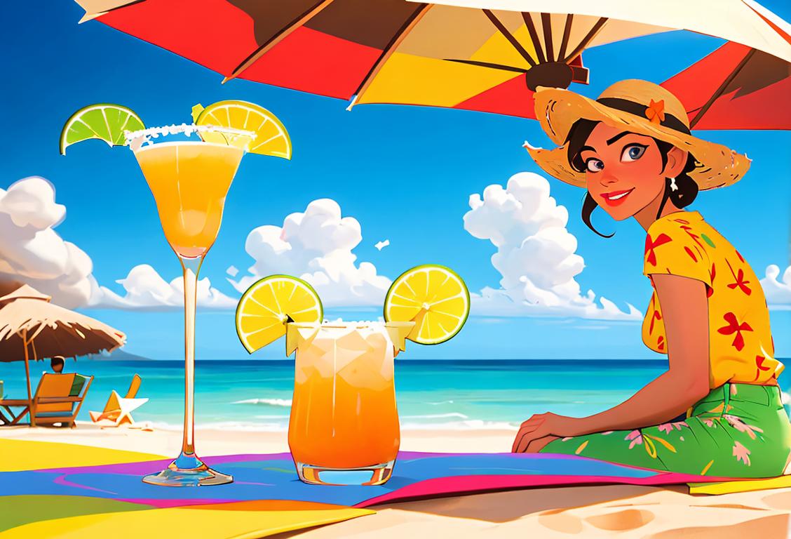 Happy people clinking salt-rimmed margarita glasses at a tropical beach, wearing colorful Hawaiian shirts and straw hats..