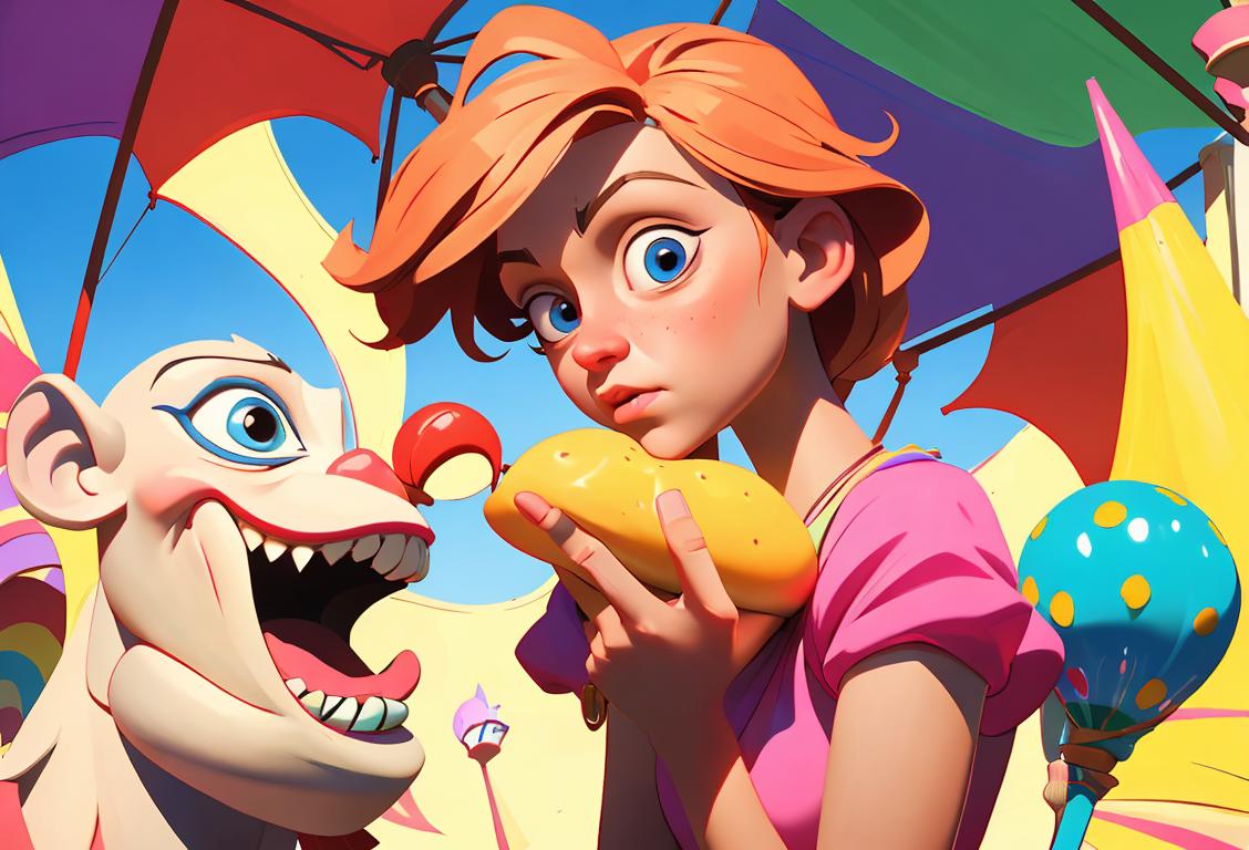 Young person holding two objects, one small and one large, with confused expressions, in a whimsical and colorful carnival setting..