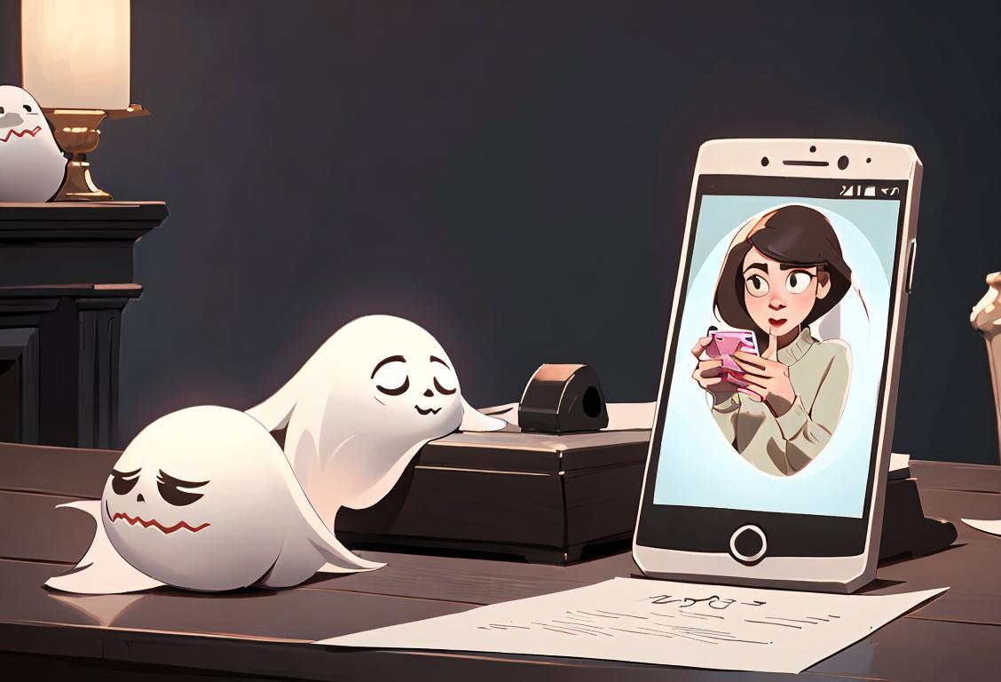 Young adult holding a phone with ghost emojis, wearing trendy clothes, spooky decorations in background, cozy indoor setting..
