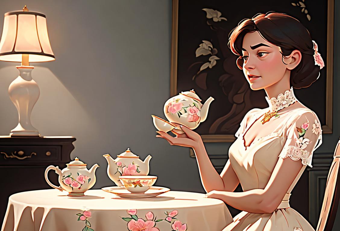 Vintage woman holding a delicate porcelain teacup, wearing a lace dress, and surrounded by antique furniture and delicate floral patterns..