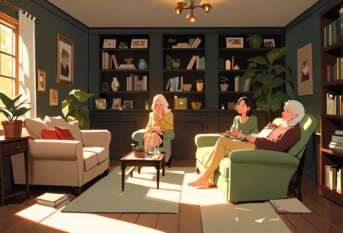 A group of diverse people gathered in a cozy living room, showing support and empathy for one another, surrounded by books, plants, and warm lighting..