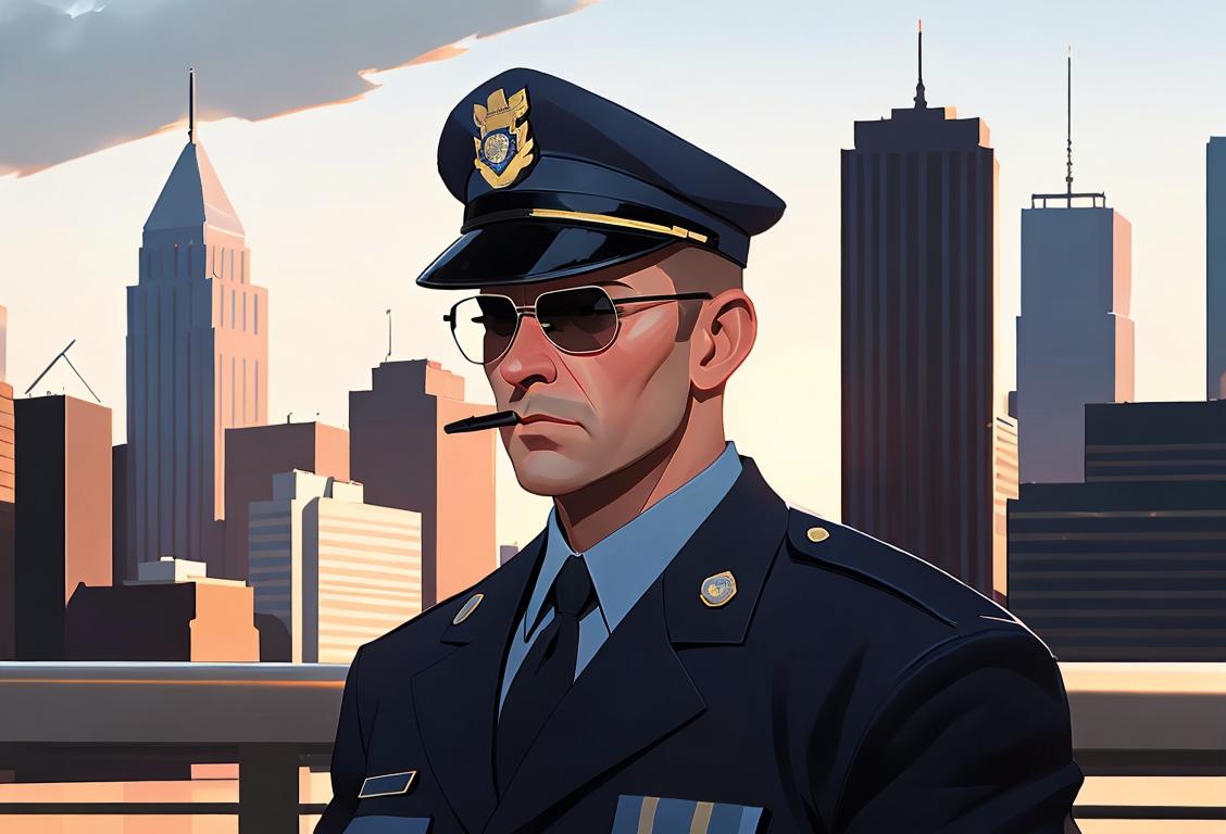 Police officer standing tall in a crisp uniform, wearing aviator sunglasses, with a city skyline in the background..
