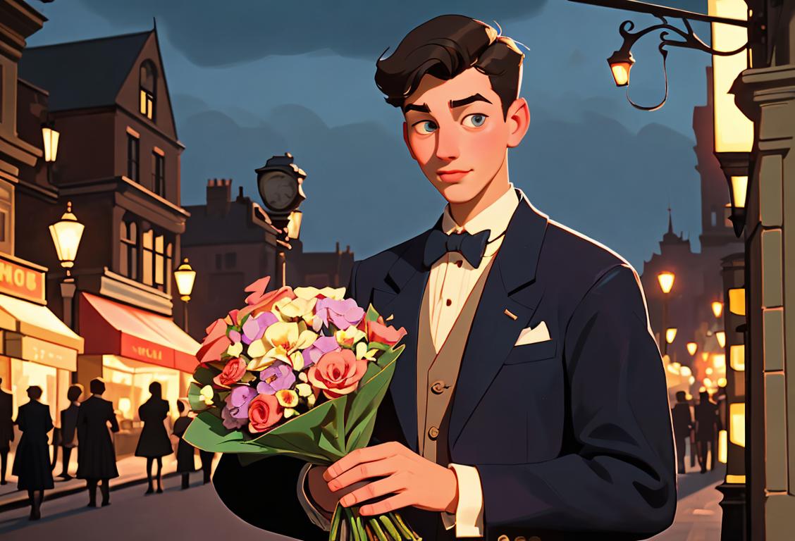 Young man holding a bouquet of flowers, dressed in a charming, vintage-inspired outfit, amidst a backdrop of romantic city lights..