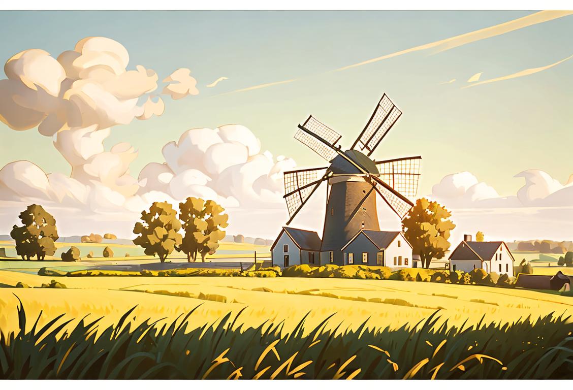 A serene countryside landscape with a charming windmill, surrounded by lush golden fields, evoking the nostalgia of National Mill Day..