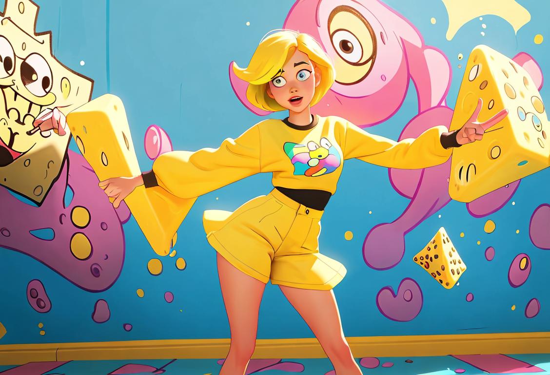 Young woman in colorful clothing, dancing in front of a vibrant mural, embracing the creativity of National No Spongebob Day..