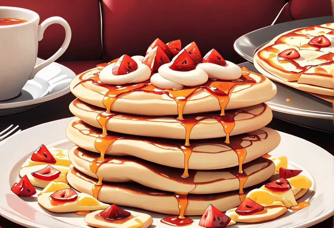 A stack of fluffy pancakes topped with a delightful assortment of pizza ingredients, surrounded by brunch-themed decor and cheerful diners..