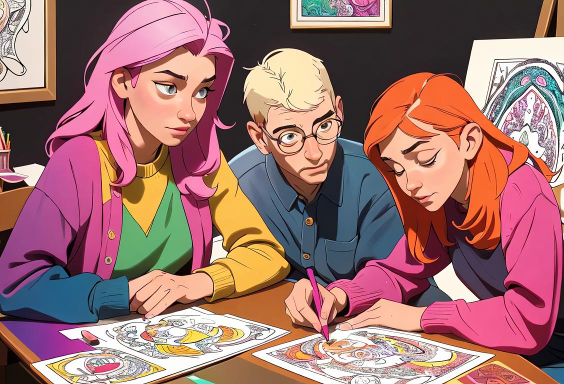 A group of diverse adults sitting around a table, fully immersed in coloring intricate designs in their adult coloring books, wearing comfortable clothing and surrounded by art supplies and relaxing decor..