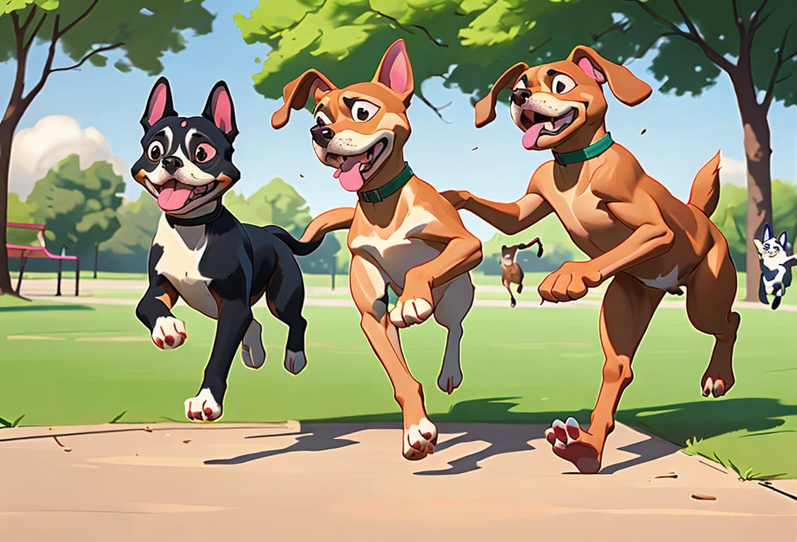 A group of happy dogs of different breeds playing and running outdoors, with children smiling and wearing colorful clothing in a park setting..