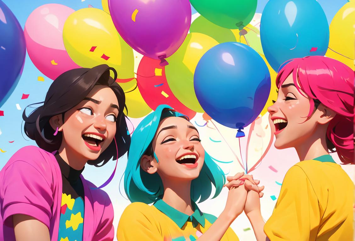 A diverse group of people laughing and holding hands, dressed in vibrant clothing, surrounded by colorful balloons and confetti..