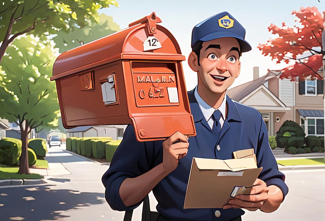 A cheerful mail carrier delivering mail with their bag slung over their shoulder, wearing a postal uniform, in a suburban neighborhood..