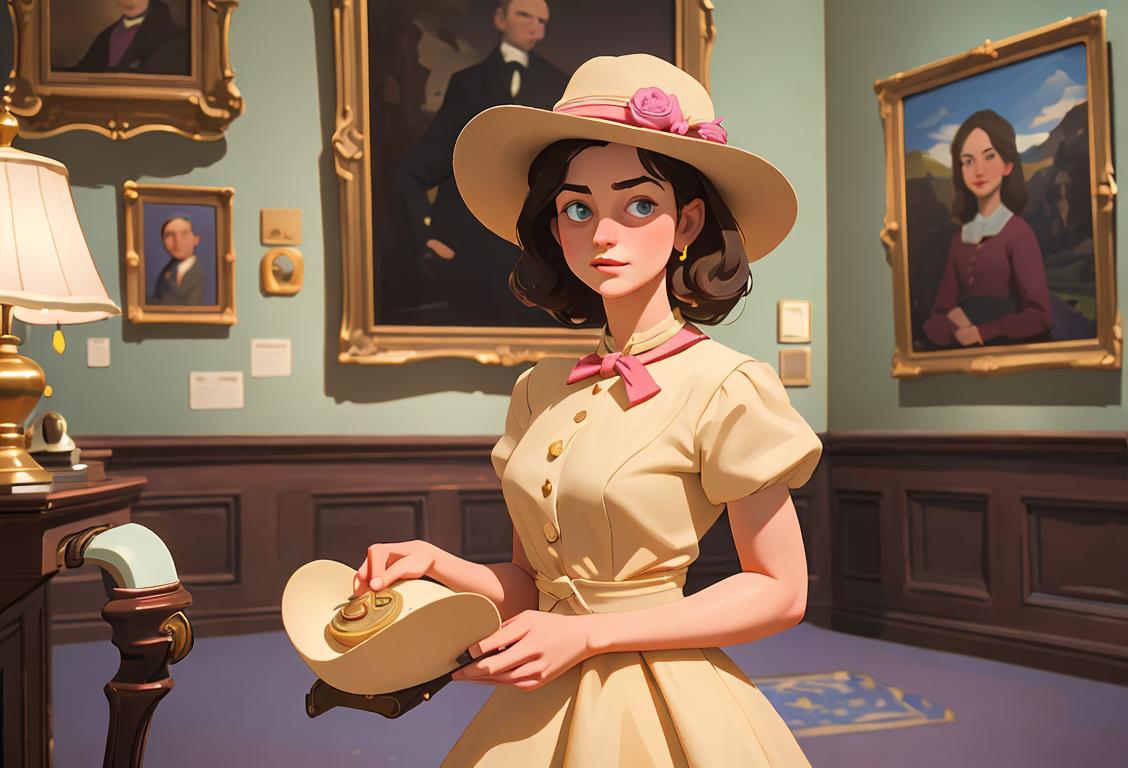 Young girl holding a precious artifact, wearing a explorer hat, vintage dress, inside a colorful room filled with historical treasures..