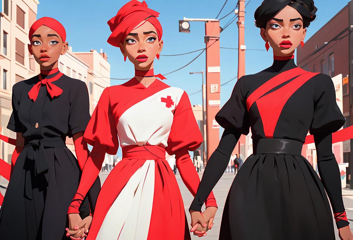 Group of diverse individuals holding hands in support, wearing red ribbons, diverse fashion styles and urban background..