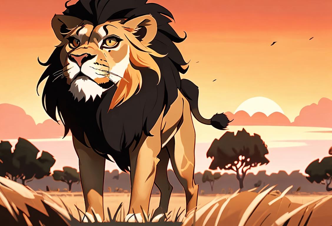 A majestic lion with a luxurious mane, standing proudly in the savannah. Surrounding landscape includes vibrant African sunset and wildlife..