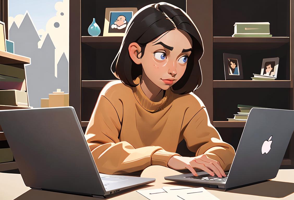 A person browsing a stockpile website on a laptop, with shelves stocked with various items in the background. Laptop stickers, cozy sweater, and office setting..