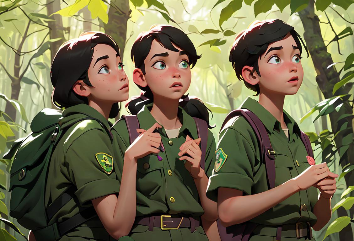 Group of diverse young scouts in their colorful uniforms, exploring a lush forest with their backpacks and binoculars.