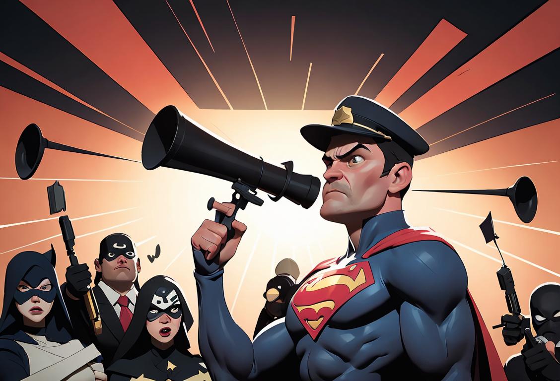 A person with a megaphone, superhero cape, and a detective hat bravely pointing out wrongdoing, surrounded by a supportive community..
