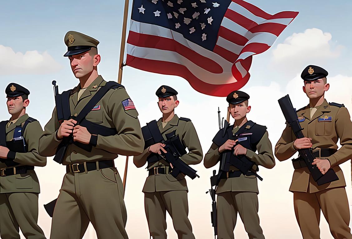 A group of National Guardsmen in uniform, standing in front of an American flag backdrop, demonstrating unity and dedication..