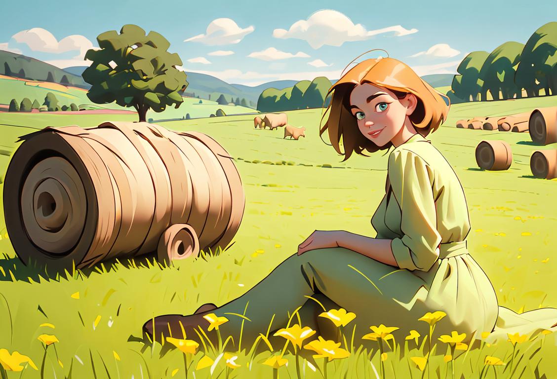 A young woman named Haley, sitting in a lush green meadow, surrounded by hay bales. She has a naturally radiant personality and is enjoying her favorite treat. She is wearing a comfortable and stylish outfit, with a touch of vintage fashion. The scene is filled with joy and celebration, with people giving shoutouts to Haleys on social media. #NationalHaleyDay.