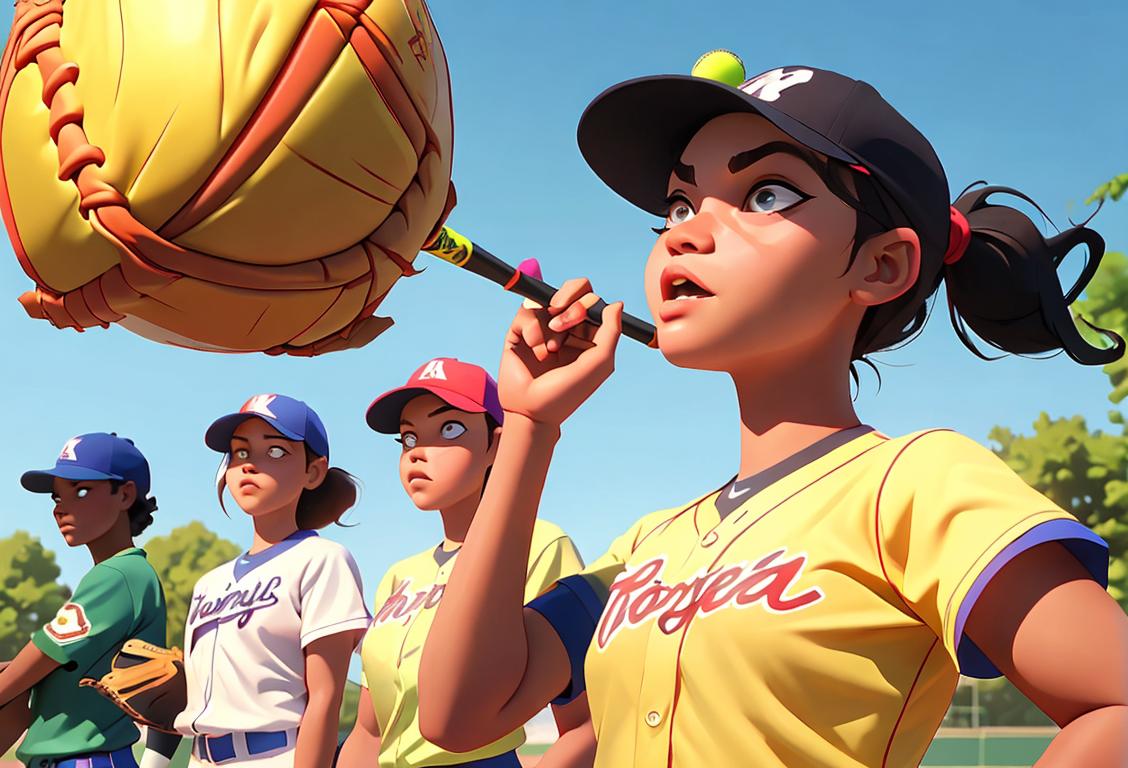 A group of diverse individuals playing softball in a sunny park, wearing vibrant team jerseys, surrounded by cheering fans..