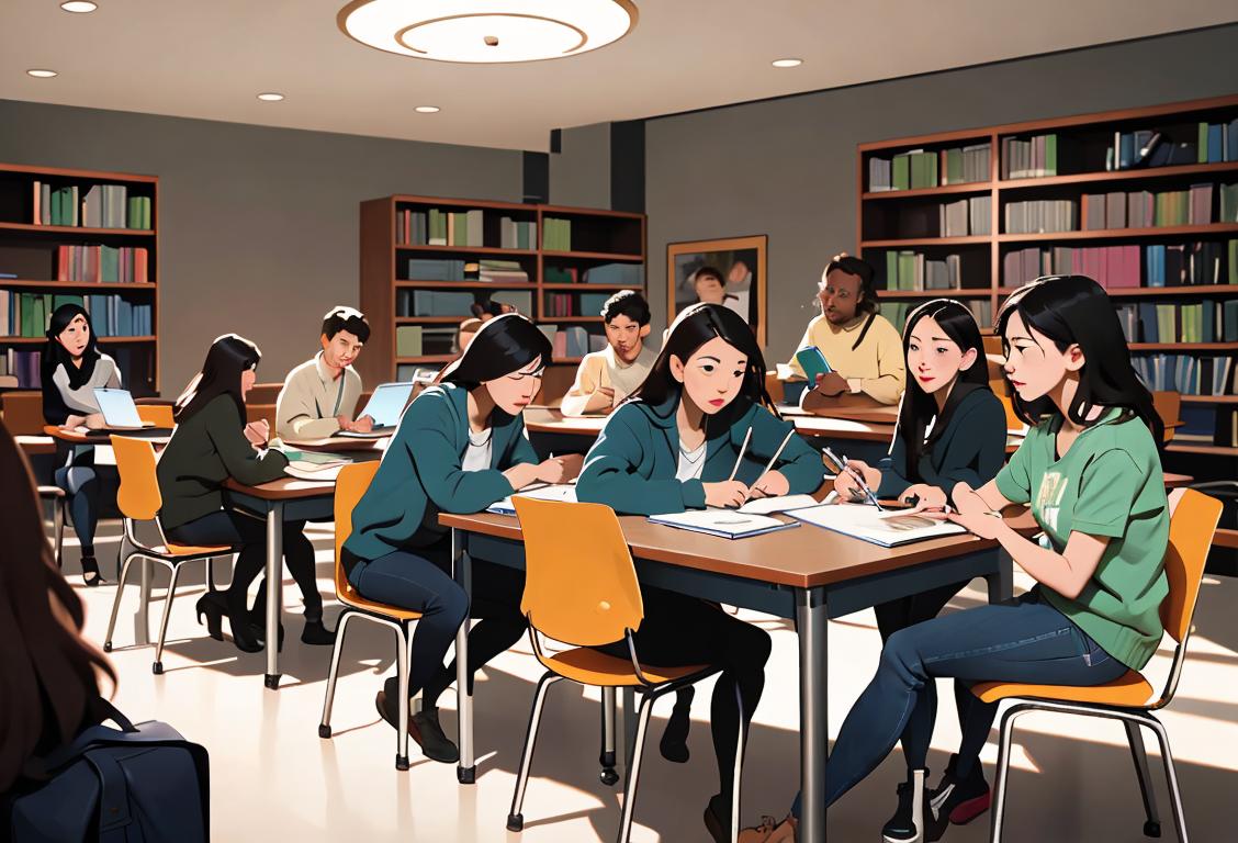Group of diverse students studying together in a modern library, wearing casual clothing, with laptops and books spread across the table..