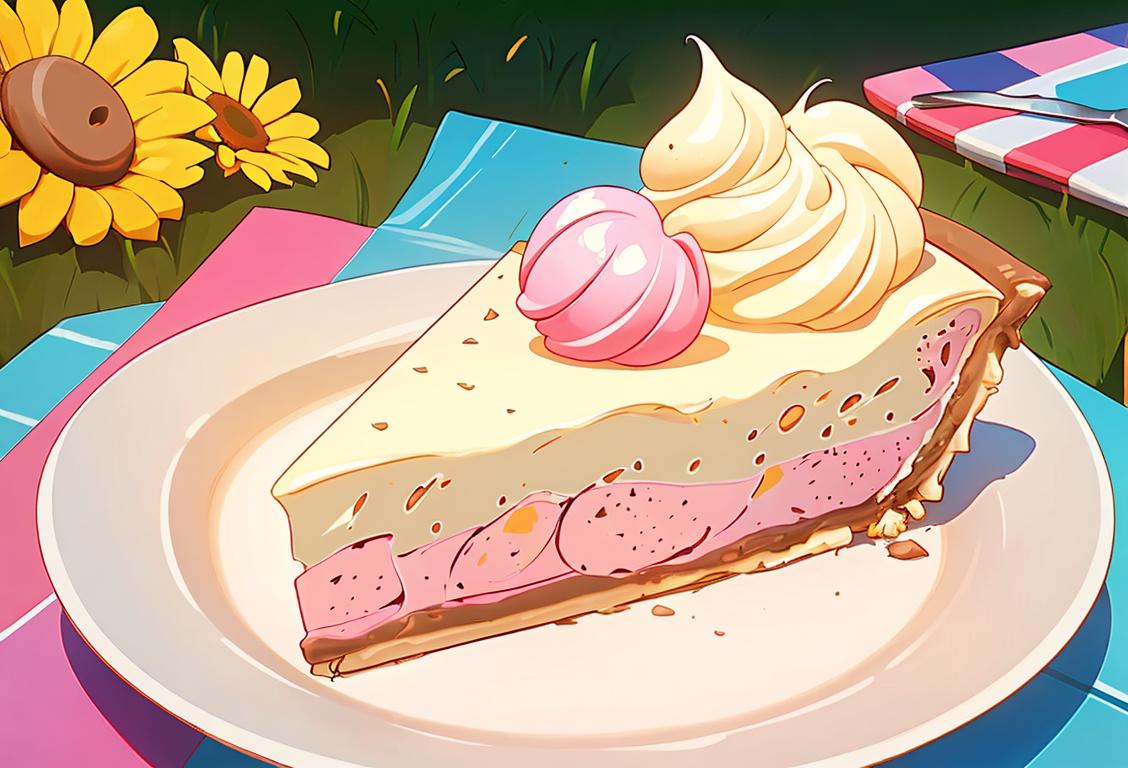 Image prompt: Person holding a slice of ice cream pie, wearing a colorful apron, in a sunny backyard with a picnic setup..