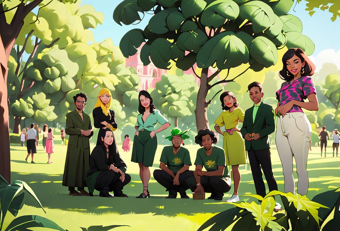 A group of diverse individuals in stylish attire, gathered in a lush green park, engaging in cannabis-related activities with smiles on their faces..