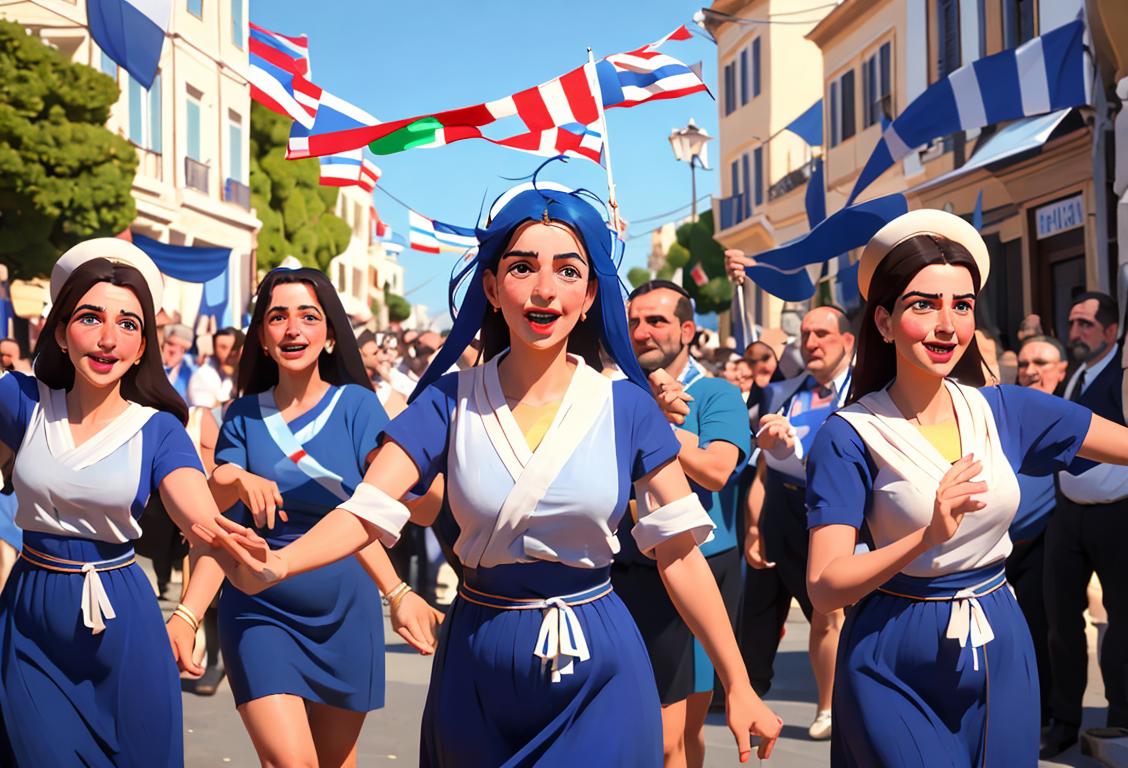 Group of people, dressed in traditional Greek clothing, celebrating with Greek flag, lively street parade, embracing Greek culture and history..