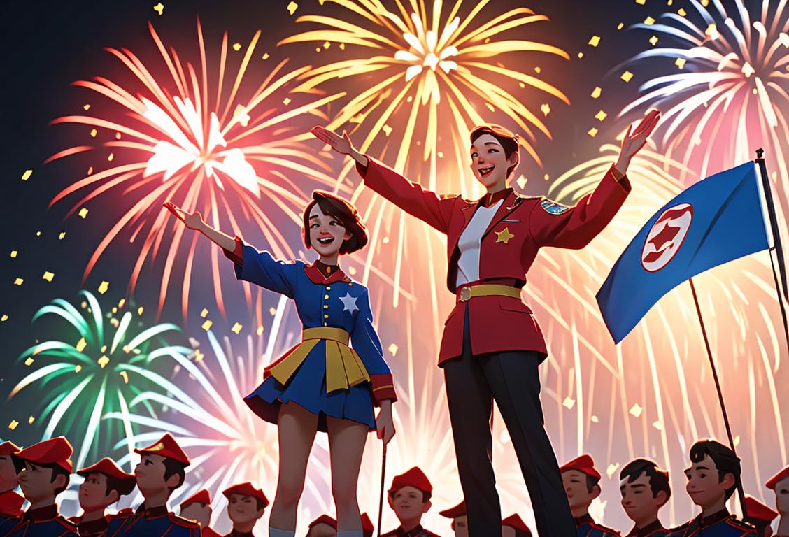 Happy people standing in front of a waving flag, wearing patriotic clothes, surrounded by fireworks and joyful celebration..
