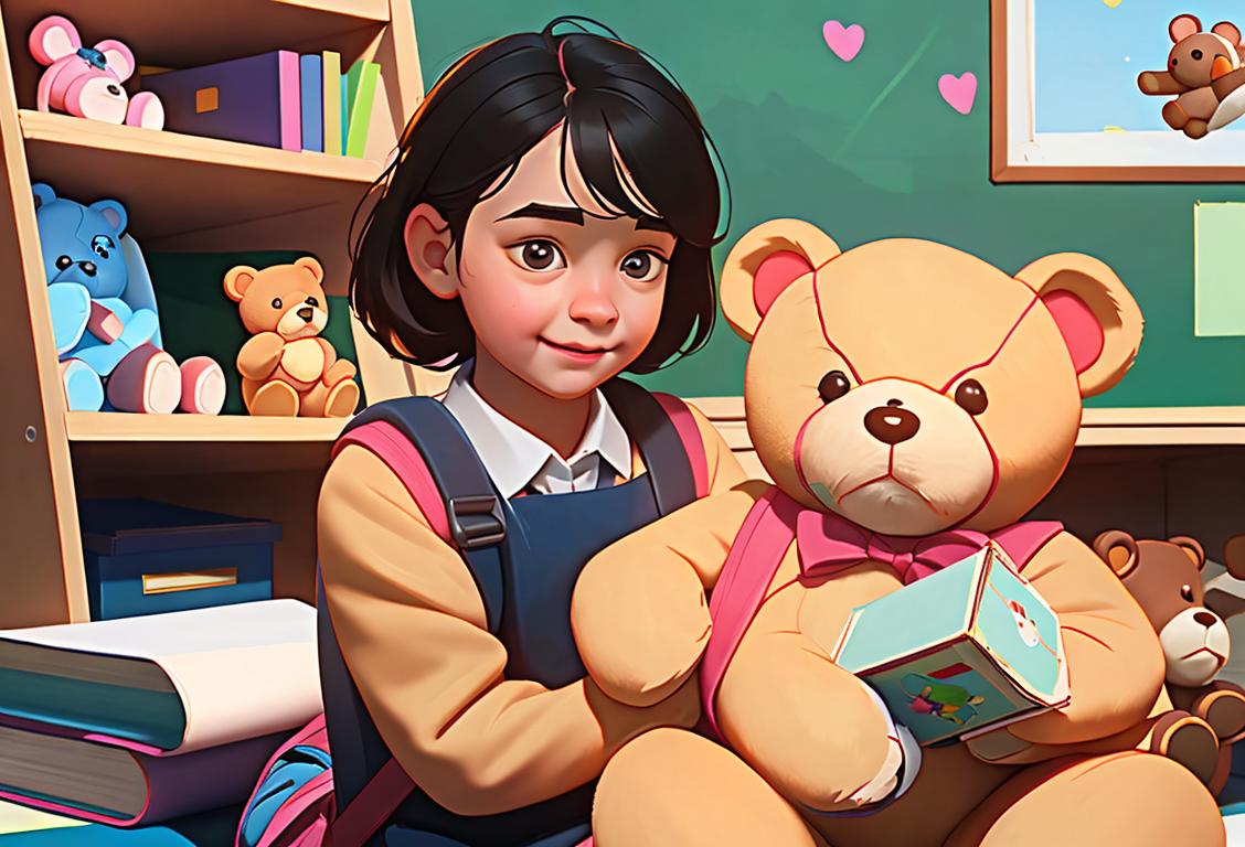 Happy children bringing their adorable teddy bears to a colorful classroom, wearing backpacks and school uniforms, surrounded by books and toys..
