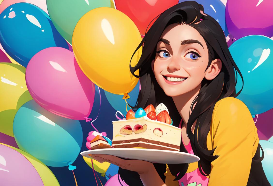 A happy young adult, wearing casual attire, enjoying a slice of cake with a mischievous smile on their face, surrounded by colorful confetti and balloons..