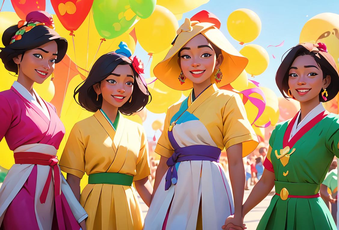 Group of diverse people, holding hands and smiling, wearing outfits representing different cultures, in a vibrant parade setting with colorful decorations..