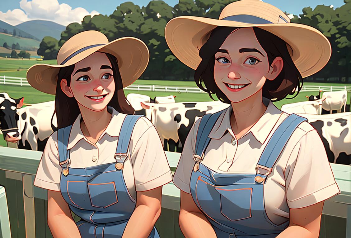 Group of dairy farmers in picturesque countryside, wearing overalls and wide-brimmed hats, milking cows with smiling faces..